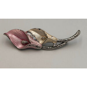 Vintage Enamel Calla Lily Brooch – Pink & Pearl White Floral Rhinestone Pin 2263